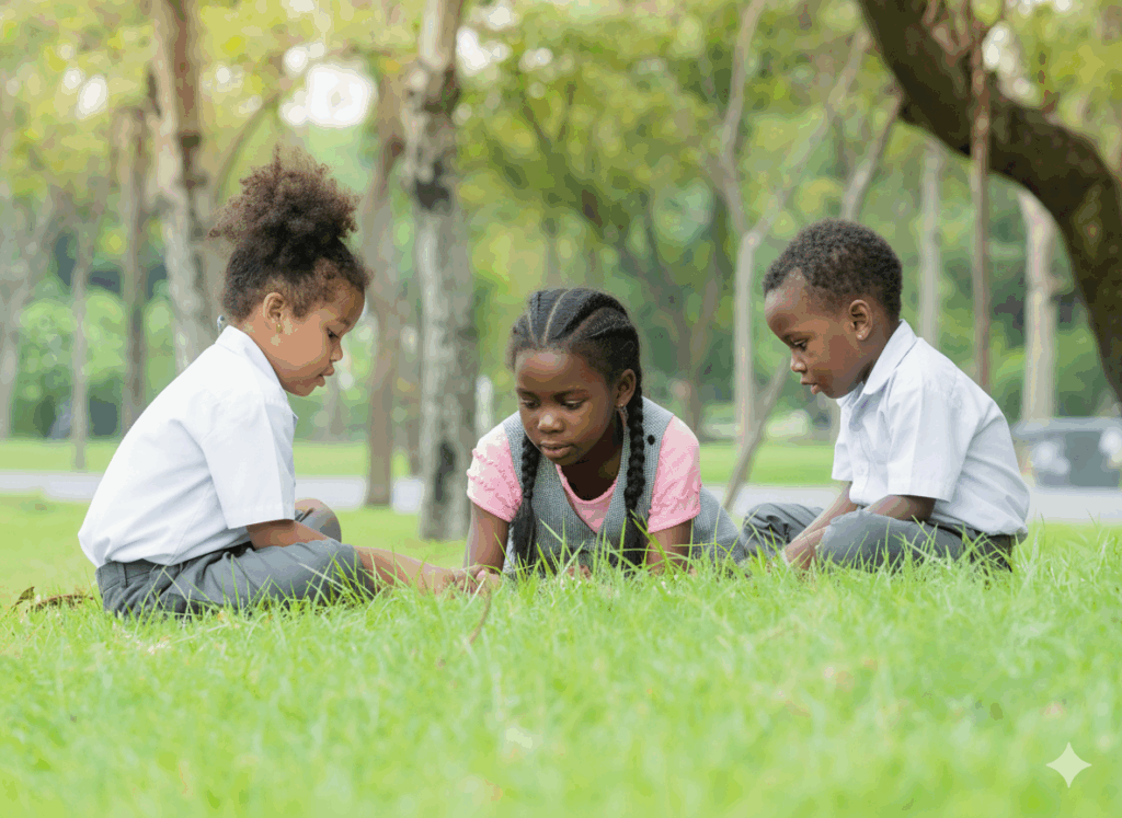 Children playing together on grass.